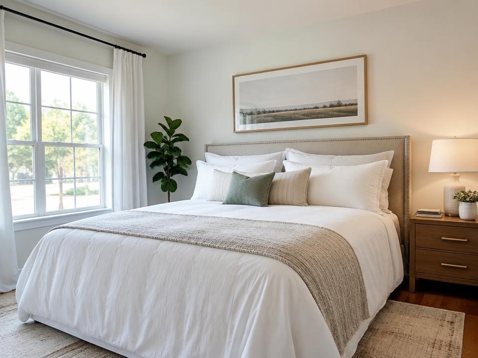 Furnished bedroom with white bedding and soft daylight