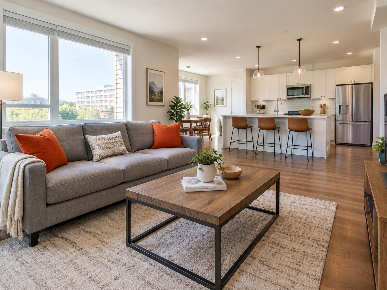 Open living room with gray sofa and kitchen island beyond