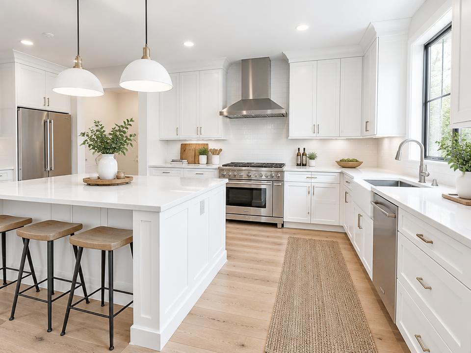 White kitchen with island seating and stainless range