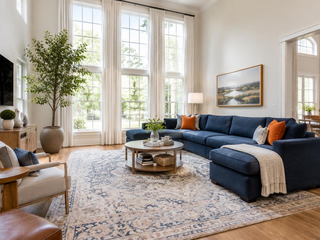 Spacious living room with navy sectional and tall windows